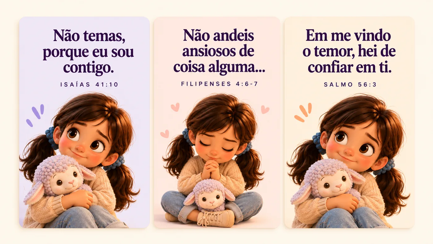 Prévia dos três cartões bíblicos ilustrados com a Manu e o Pipoca